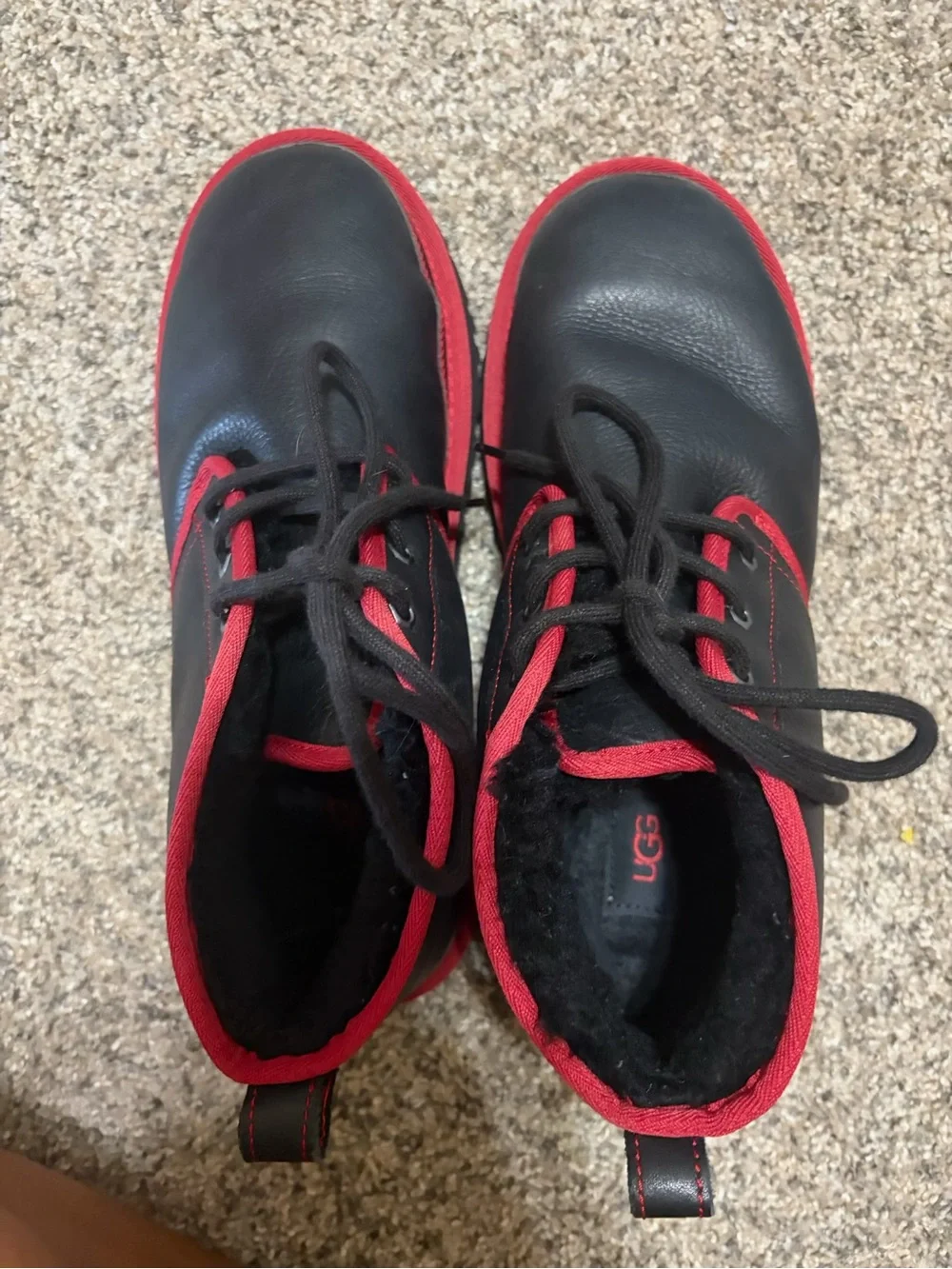 UGG Kids Black Boots with Red Trim
